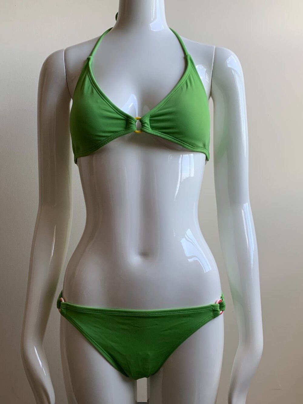 billabong solid green ring halter top bikini